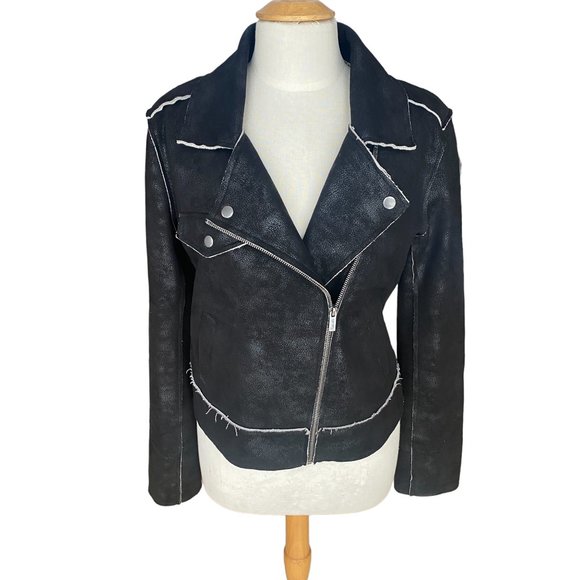 Splendid Faux Suede Moto Jacket Black Distressed Grunge Edgy Biker Y2K-M - Picture 14 of 14